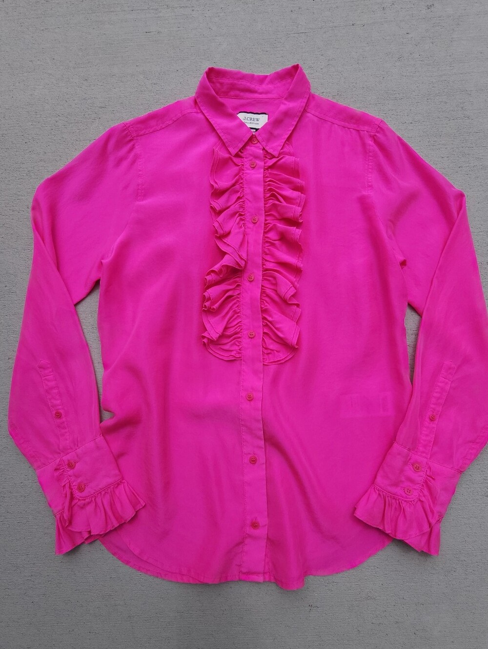 100% Silk J.Crew Ruffle Chiffon Silk Button-Up Blouse Shirt Fuchsia Pink Size 6